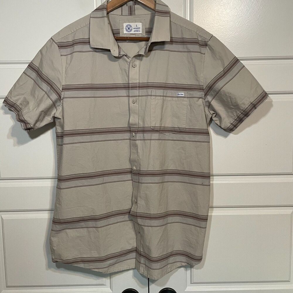 Hurley Polo Shirt Mens Large Beige Button Front Short Sleeve Classic Fit‎ Cotton - Picture 6 of 7